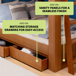Warm brown wooden bunk bed with ladder and mattress, under-bed matching storage drawers open, optional vanity panels for seamless finish