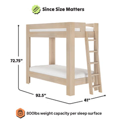 Light natural wood bunk bed with ladder, 800 lb weight capacity per sleep surface, dimensions 72.75″ H x 92.5″ L x 41″ W, sturdy solid wood frame for kids or adults