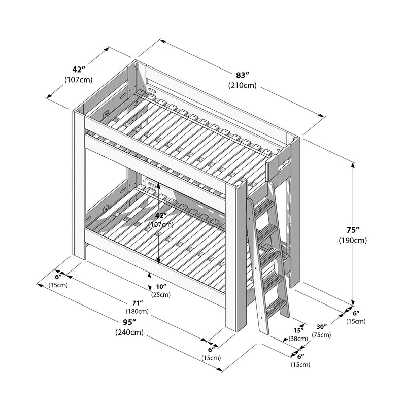 Isometric technical drawing of a wooden twin-over-full bunk bed with slatted platforms and ladder, labeled with detailed dimensions and measurements in inches and centimeters