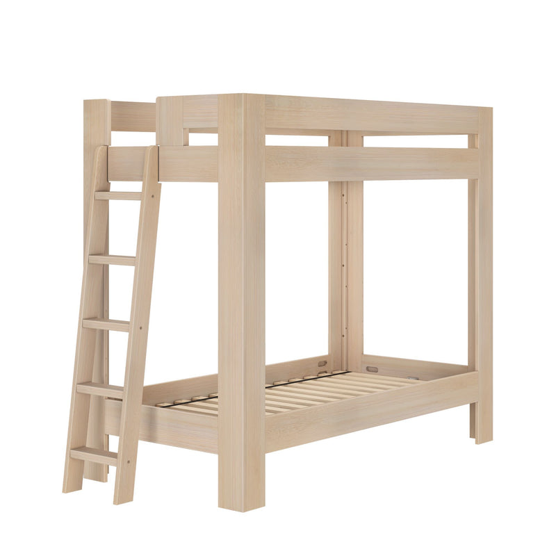 Natural pine twin-over-twin bunk bed with angled ladder, slatted mattress support and guardrails, Scandinavian-style children's loft bed