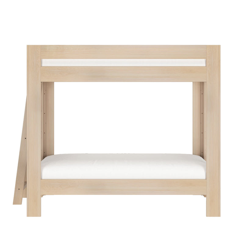 Natural light-wood twin-over-twin bunk bed frame with ladder and white mattress, modern minimalist design for children's bedroom
