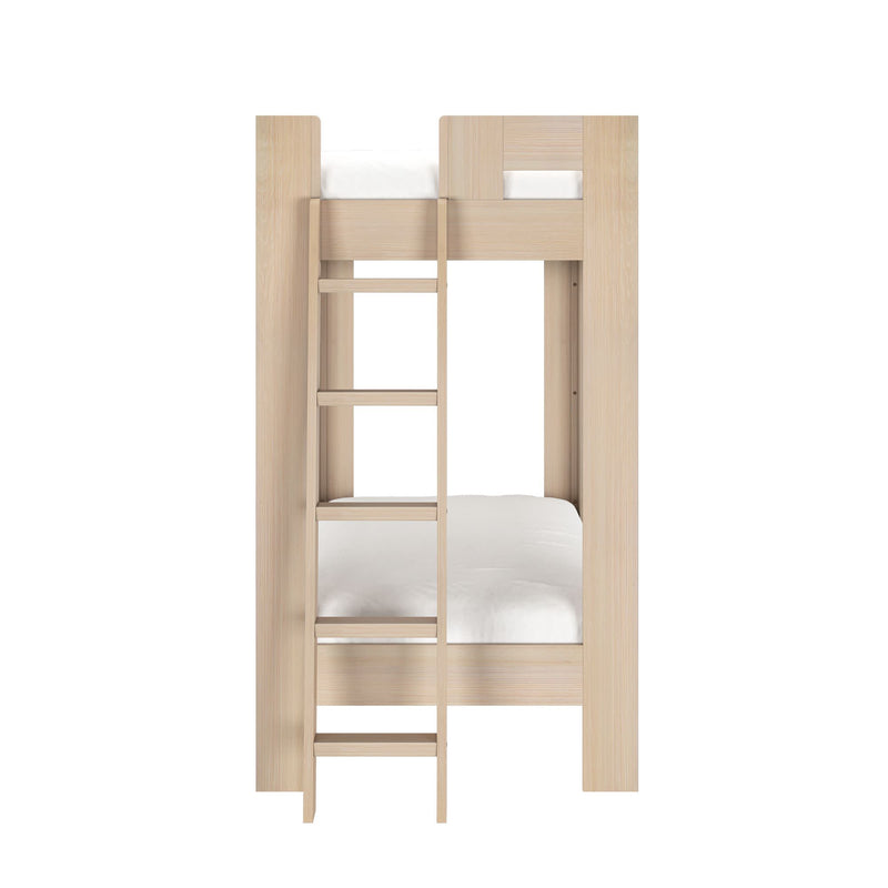 Modern natural light wood twin bunk bed with built-in ladder, minimalist solid wood loft bed for kids with white mattresses