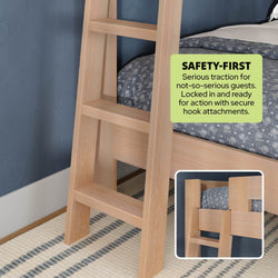 Light wood bunk bed ladder with wide rungs and secure hook attachments mounted to a wooden bunk bed, safety-first design for children's bedroom with gray patterned bedding and blue accent wall