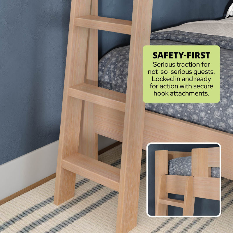 Light wood bunk bed ladder with wide rungs and secure hook attachments mounted to a wooden bunk bed, safety-first design for children's bedroom with gray patterned bedding and blue accent wall