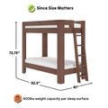Brown wooden bunk bed with attached ladder, dimensions 92.5" L × 41" W × 72.75" H, 800 lb weight capacity per sleep surface