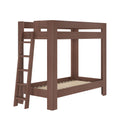 Modern brown wood twin-over-twin bunk bed frame with ladder and slatted mattress support for kids' bedrooms