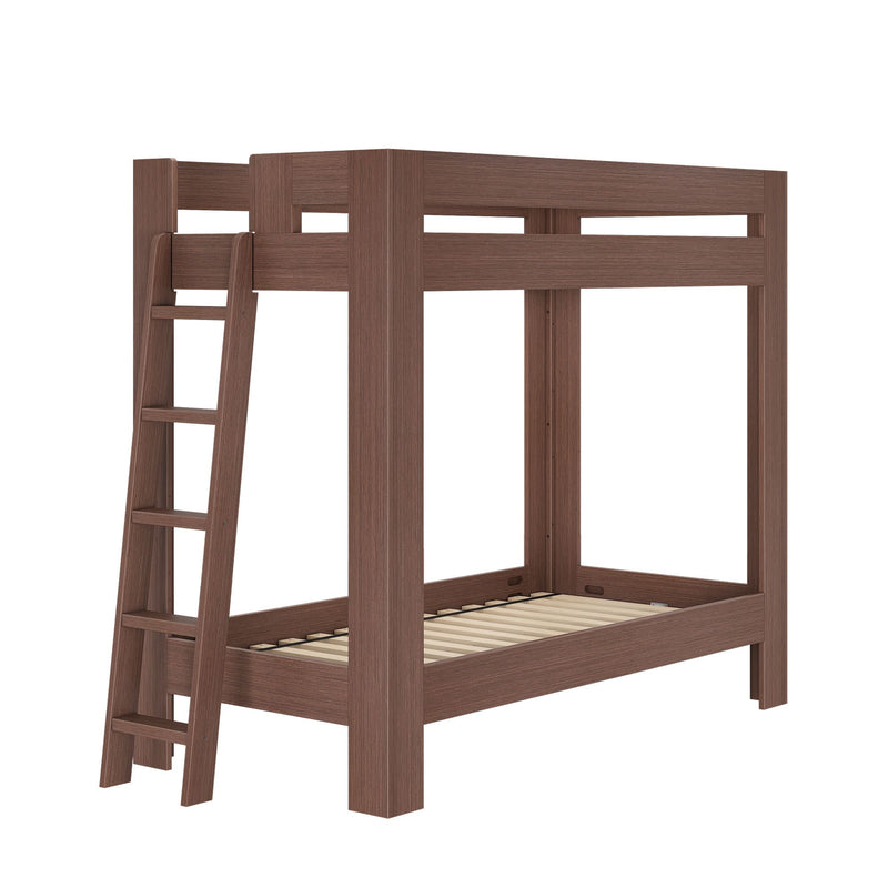 Modern brown wood twin-over-twin bunk bed frame with ladder and slatted mattress support for kids' bedrooms