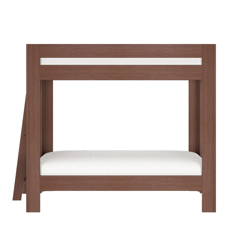 Modern walnut twin-over-twin bunk bed with side ladder and white mattress, space-saving wooden children's bedroom furniture
