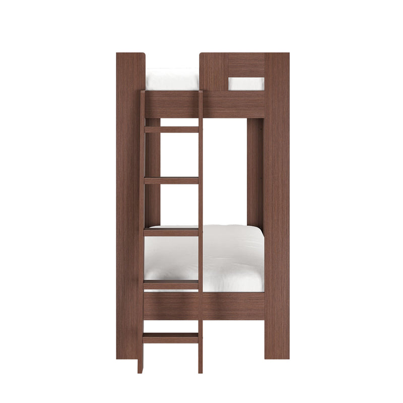 Solid wood twin bunk bed with built-in ladder, space-saving chocolate brown finish, modern kids' loft bed