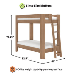 Solid wood twin-over-twin bunk bed with ladder, modern platform design, 92.5" L x 41" W x 72.75" H, 800 lb weight capacity per sleep surface