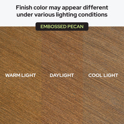 Embossed Pecan wood-look flooring sample showing wood grain texture and color variation under warm light, daylight, and cool light for hardwood, laminate, and vinyl flooring selection.
