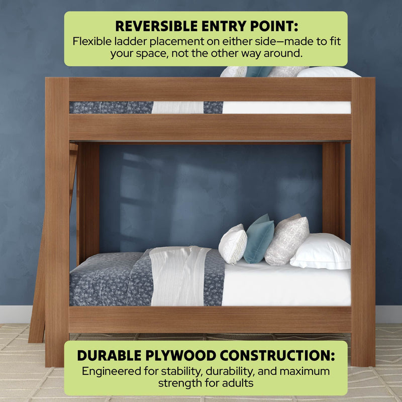 Walnut plywood bunk bed with reversible ladder, durable plywood construction and adult weight capacity, twin-over-full loft-style bed in blue bedroom