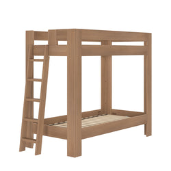 Natural wood twin-over-twin bunk bed with ladder, solid wood modern minimalist kids' bed frame with neutral finish