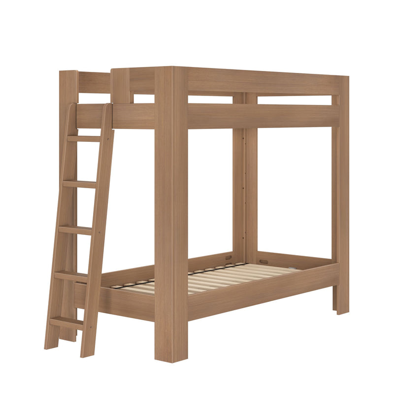 Natural wood twin-over-twin bunk bed with ladder, solid wood modern minimalist kids' bed frame with neutral finish