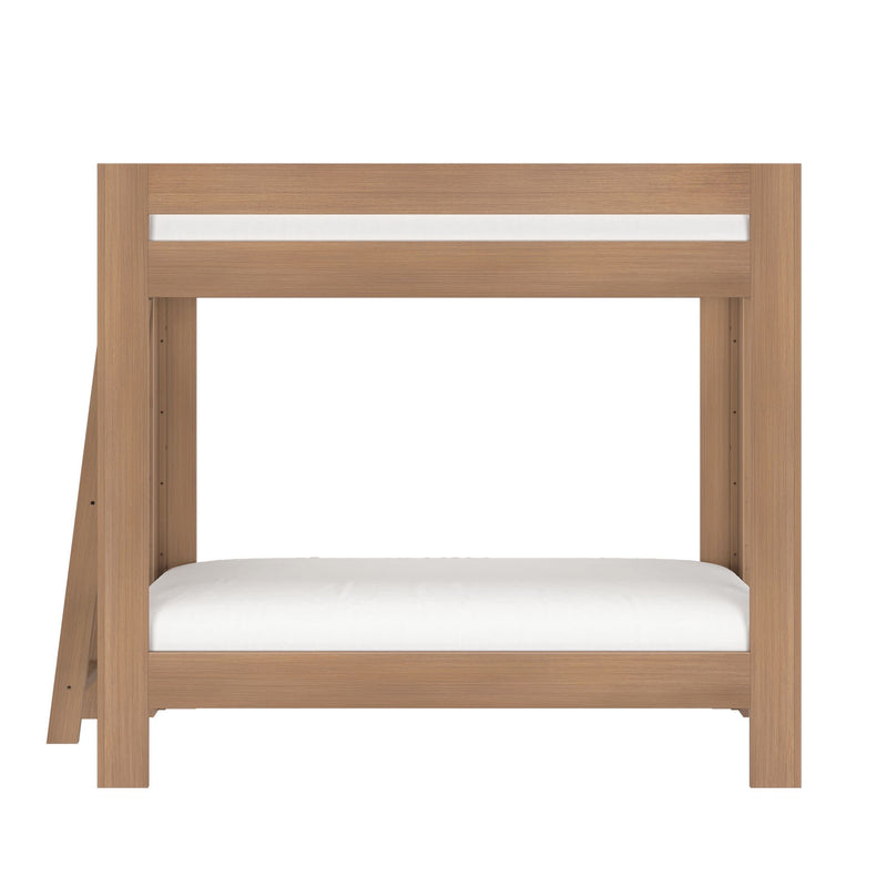 Light wood twin over twin bunk bed with angled ladder and white mattresses, modern minimalist kids' bedroom furniture, space-saving design