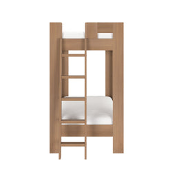 Natural wood twin-over-twin bunk bed with built-in ladder and white mattresses, modern space-saving kids bedroom furniture front view