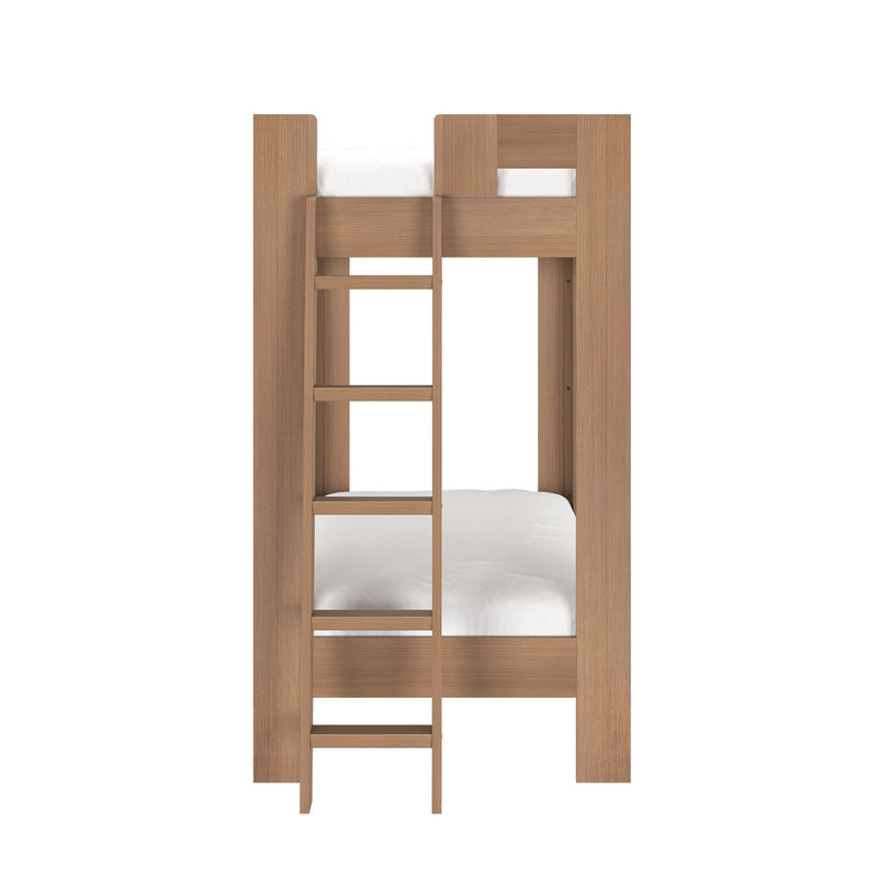 Natural wood twin-over-twin bunk bed with built-in ladder and white mattresses, modern space-saving kids bedroom furniture front view