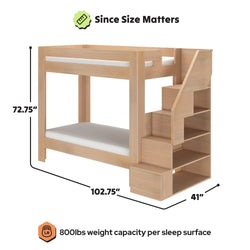 Natural finish wooden bunk bed with built-in staircase storage and open shelving, space-saving twin-over-twin design measuring 102.75" L x 41" D x 72.75" H, 800 lb weight capacity per sleep surface