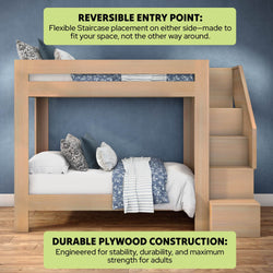 Durable plywood bunk bed with reversible entry staircase on right, sturdy adult-strength wooden loft frame with built-in stair storage, natural wood finish, blue bedding and hardwood floor