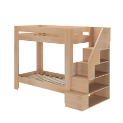 Natural wood twin-over-twin bunk bed frame with built-in staircase storage and open shelving — space-saving kids bedroom furniture