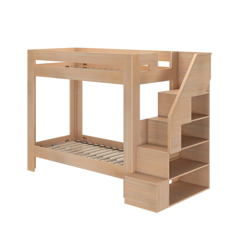 Natural wood twin-over-twin bunk bed frame with built-in staircase storage and open shelving — space-saving kids bedroom furniture