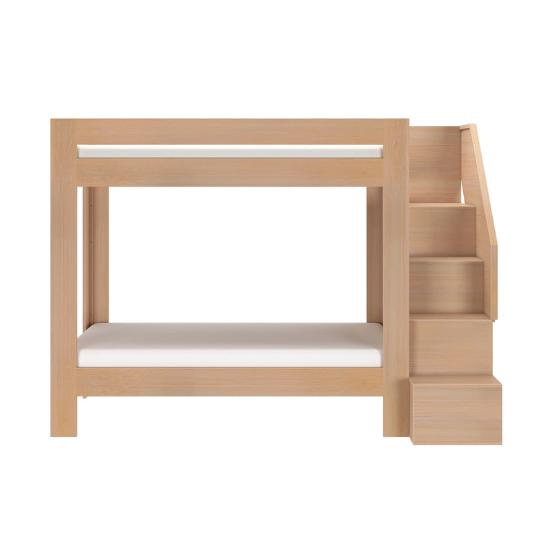 Modern light wood twin-over-twin bunk bed with integrated staircase storage, minimalist kids bedroom furniture