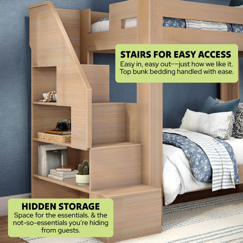Space-saving wooden bunk bed with staircase and hidden storage shelves, blue patterned bedding in modern kids' bedroom