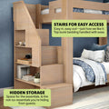 Space-saving wooden bunk bed with staircase and hidden storage shelves, blue patterned bedding in modern kids' bedroom