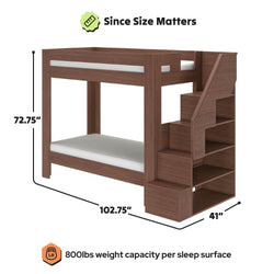 Twin-over-twin wooden bunk bed with staircase storage and open shelving in dark brown finish, space-saving kids loft bed, dimensions 102.75 in L x 41 in W x 72.75 in H, 800 lb weight capacity per sleep surface