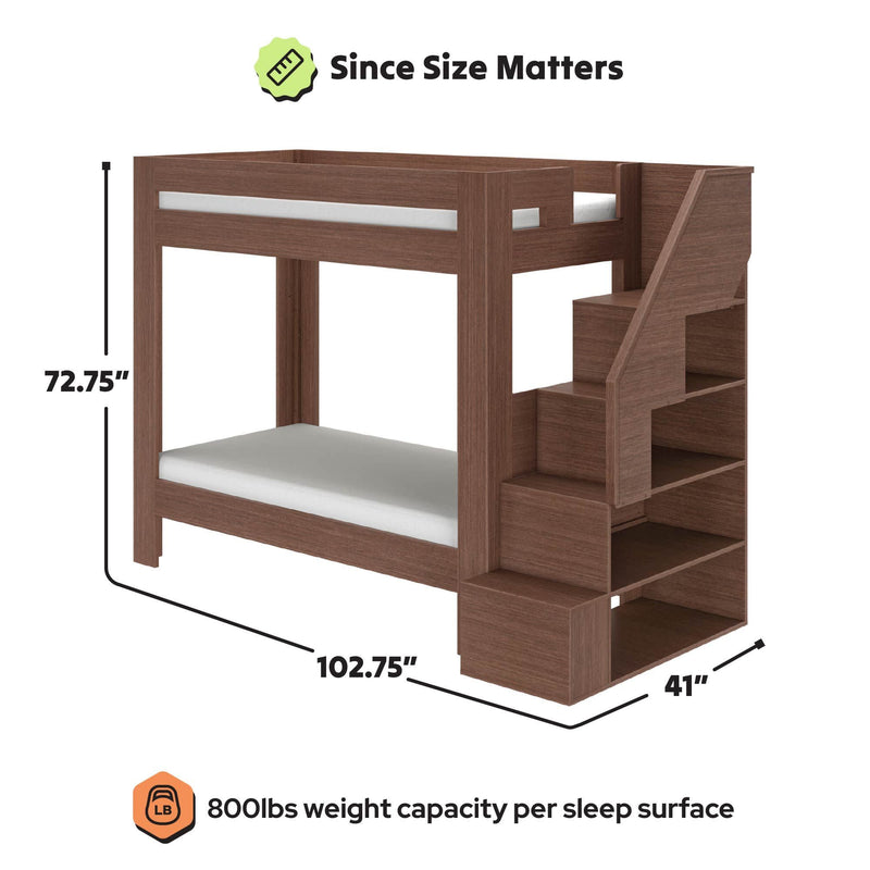 Twin-over-twin wooden bunk bed with staircase storage and open shelving in dark brown finish, space-saving kids loft bed, dimensions 102.75 in L x 41 in W x 72.75 in H, 800 lb weight capacity per sleep surface