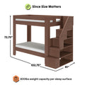 Twin-over-twin wooden bunk bed with staircase storage and open shelving in dark brown finish, space-saving kids loft bed, dimensions 102.75 in L x 41 in W x 72.75 in H, 800 lb weight capacity per sleep surface