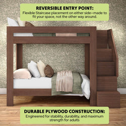 Durable plywood bunk bed with built-in staircase and reversible entry, modern brown wood loft-style bed with guardrail — space-saving, adult-strength bedroom furniture