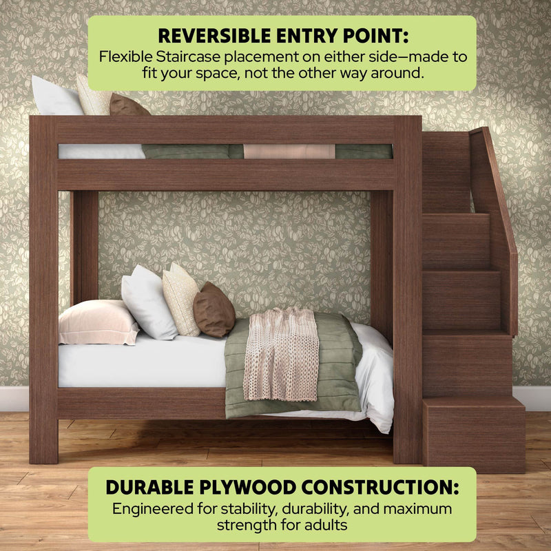 Durable plywood bunk bed with built-in staircase and reversible entry, modern brown wood loft-style bed with guardrail — space-saving, adult-strength bedroom furniture