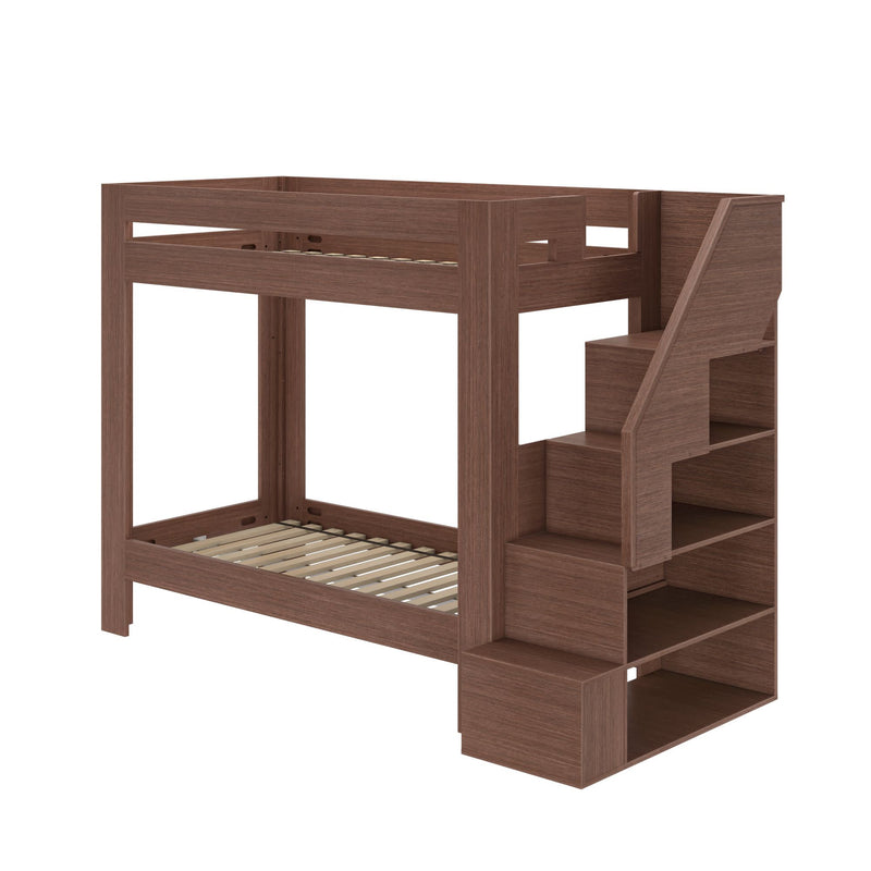 Brown wood twin-over-twin bunk bed with integrated staircase and open storage shelves, space-saving children's bedroom loft bed with slatted bases and modern finish