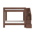 Dark brown wooden bunk bed with built-in right-side storage stairs, space-saving kids bedroom furniture with sturdy frame and white mattresses