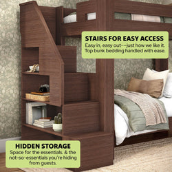 Dark walnut wooden bunk bed with staircase and built-in hidden storage shelves — space-saving kids loft bed with cozy bedding in a modern bedroom with green floral wallpaper