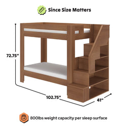 Loft bunk bed with built-in storage staircase in brown wood finish, dimensions 102.75 in L x 41 in W x 72.75 in H, 800 lb weight capacity per sleep surface