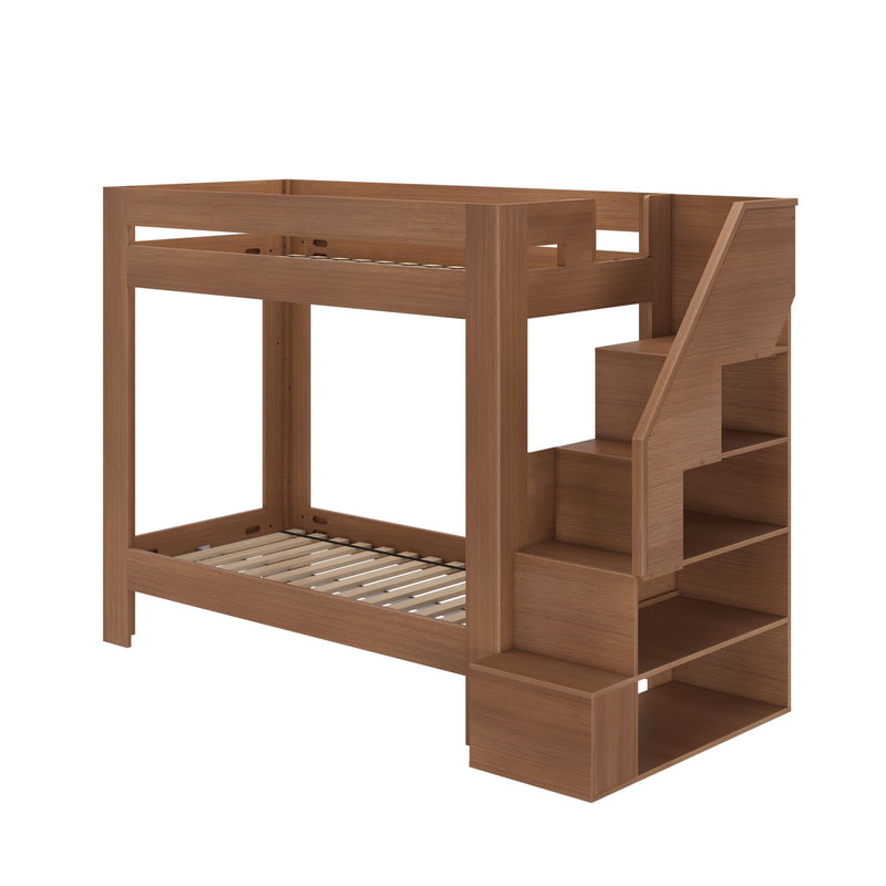 Solid wood twin-over-twin bunk bed with staircase and built-in storage shelves, space-saving kids loft bed in walnut finish