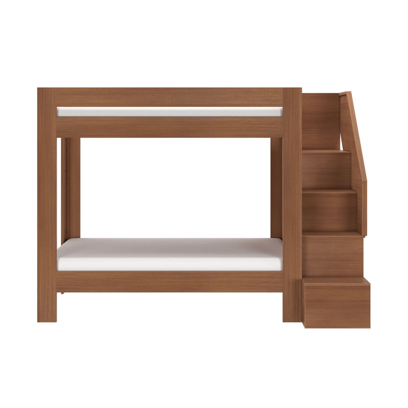 Modern walnut wooden bunk bed with staircase and built-in storage, space-saving two-tier design with white mattresses