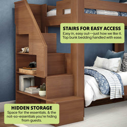 Wooden bunk bed with built-in stairs and hidden storage, blue patterned bedding and pillows in a space-saving kids' room