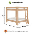 Solid natural wood full-over-full bunk bed with ladder and guardrails, 72.75" H × 92.5" L × 62.25" W, 800 lb weight capacity per sleep surface, modern sturdy platform frame