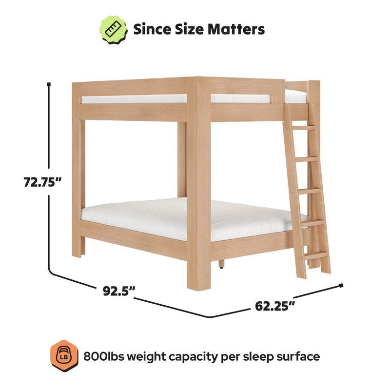 Solid natural wood full-over-full bunk bed with ladder and guardrails, 72.75" H × 92.5" L × 62.25" W, 800 lb weight capacity per sleep surface, modern sturdy platform frame
