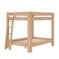Minimalist solid light wood bunk bed frame with integrated ladder and slatted mattress bases, natural wood finish