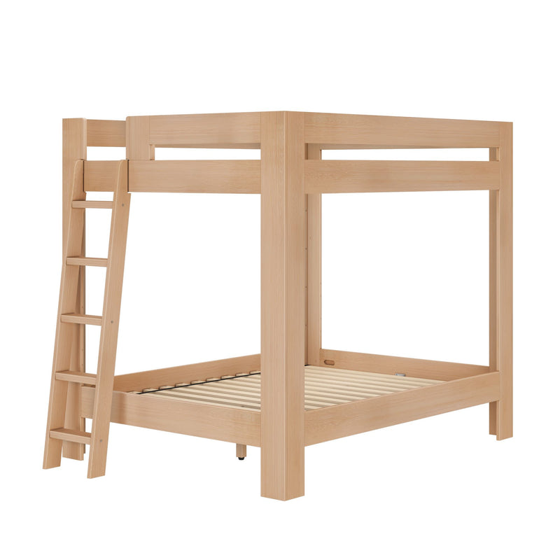 Minimalist solid light wood bunk bed frame with integrated ladder and slatted mattress bases, natural wood finish