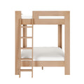 Light natural wood bunk bed with built-in ladder and white mattresses — space-saving modern solid-wood children’s bedroom furniture