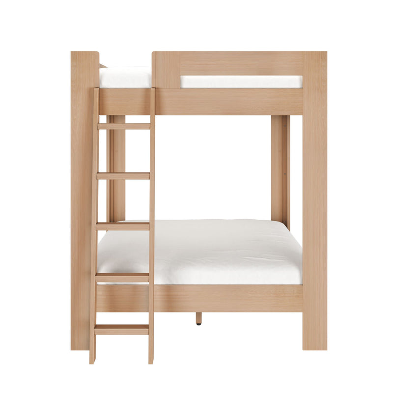 Light natural wood bunk bed with built-in ladder and white mattresses — space-saving modern solid-wood children’s bedroom furniture