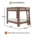 Brown solid-wood bunk bed with angled ladder and two sleeping surfaces, 800 lb weight capacity per sleep surface, dimensions 92.5 in L x 62.25 in W x 72.75 in H, sturdy bunk bed for adults and kids