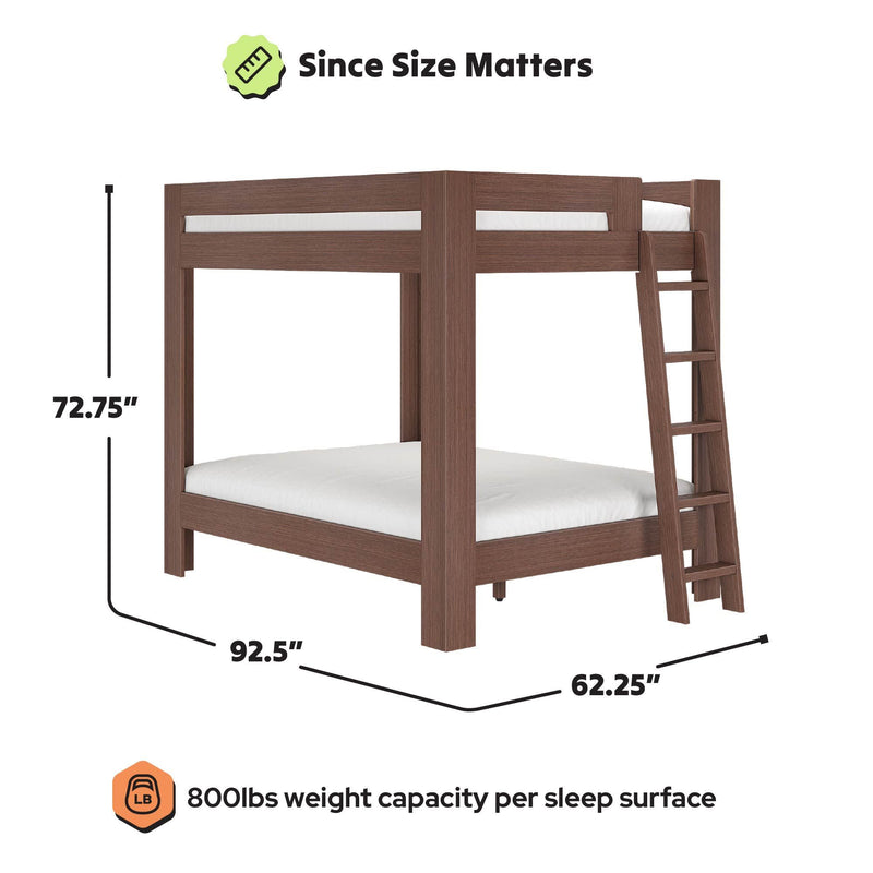 Brown solid-wood bunk bed with angled ladder and two sleeping surfaces, 800 lb weight capacity per sleep surface, dimensions 92.5 in L x 62.25 in W x 72.75 in H, sturdy bunk bed for adults and kids