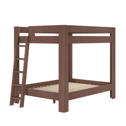Modern brown wood loft-style bunk bed frame with integrated ladder, slatted mattress supports, sturdy square posts and minimalist design for kids or guest bedrooms