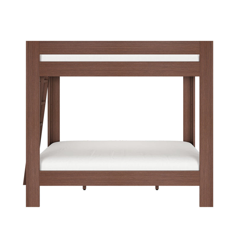 Walnut-finish wooden bunk bed frame with ladder and white mattress, front view, space-saving bedroom bunk